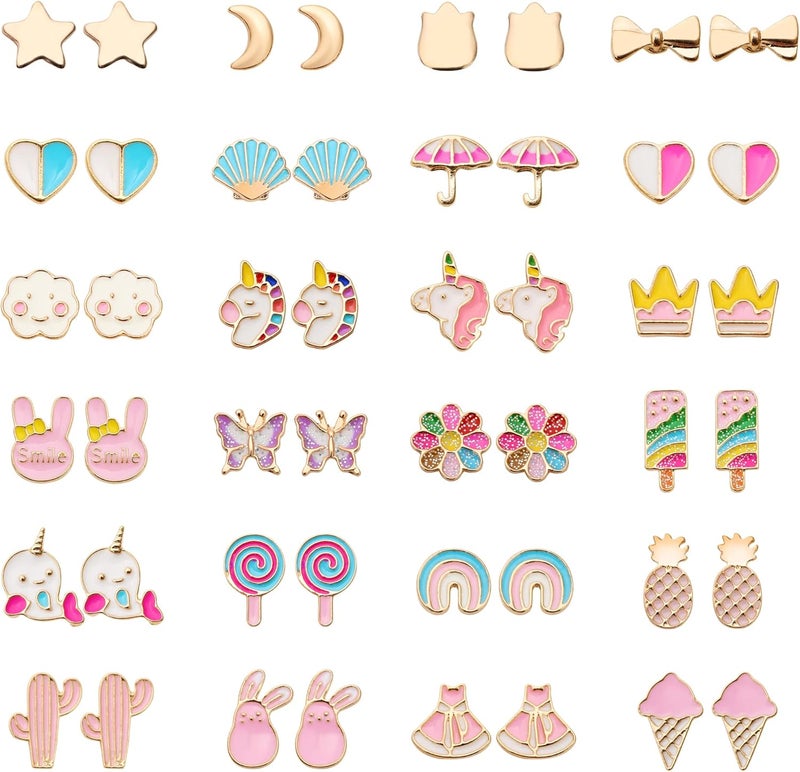TAOMOCO 24 Pairs Hypoallergenic Stud Earrings Set for Girls Sensitive Ears With Stainless Steel Post Colorful Cute Earrings for Girls Women - Image 1